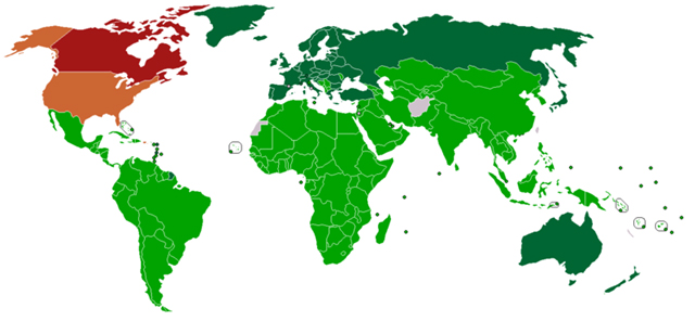 교토의정서 참여국 지도. 초록색으로 표시된 국가들이 협약을 비준한 나라들이다. 