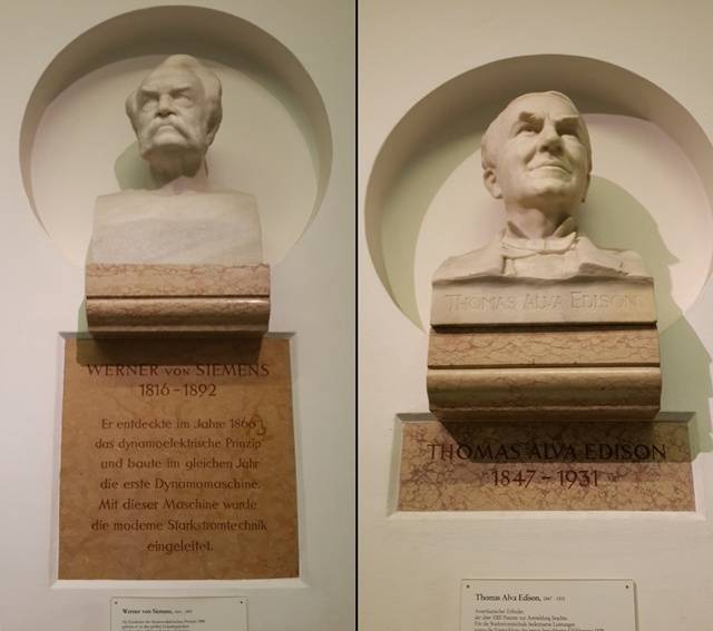 독일 박물관 명예의 전당에 모셔진 지멘스와 에디슨의 흉상. 