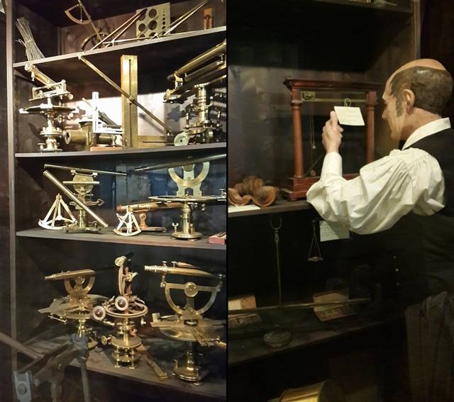 19세기 독일의 과학도구 임대 업소의 모형.점원들이 임대 요청이 들어온 과학도구들을 찾아서 빌려준다.오른쪽 사진은 비치된 기구들. 