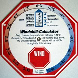 실제 기온과 바람의 세기를 이용해 체감온도를 구하는 계산기. 
