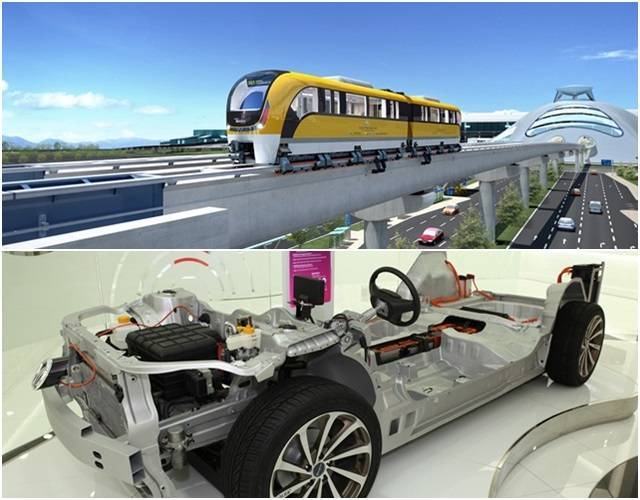 순수 국내기술로 개발된 도시형 자기부상열차(위), 국내 최초 소형 리튬이온전지(아래). 