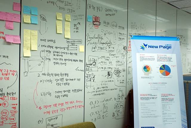 사무실 벽면을 가득 메운 메모와 자료들. 자유롭고 개방적인 호사의 분위기를 잘 보여준다. 