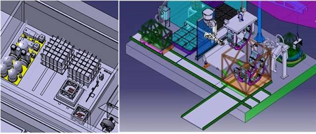 ITER 방폐장 핫셀 내에 설치되는 삼중수소 제거장치와 가스처리장치 예상도(왼쪽)와 핫셀 내에 설치되는 폐기물 절단장치. <사진=원자력연> 