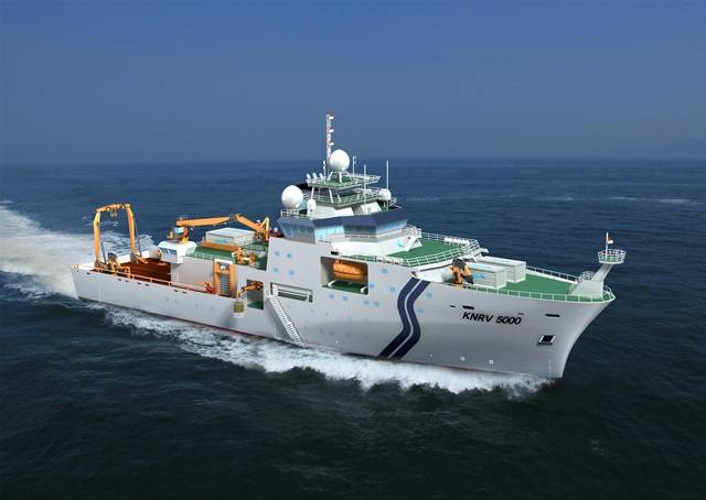 해양수산부와 KIOST(한국해양과학기술원)가 건조 중인 5000톤급 대형 해양과학조사선의 조감도. 오는 2016년 취항 예정이다. <자료=해양수산부 제공> 