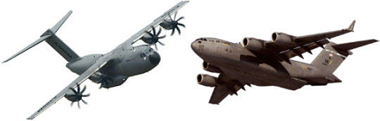 A400M 수송기(왼쪽)와 C-17 수송기. <사진=유용원의 군사세계 제공> 