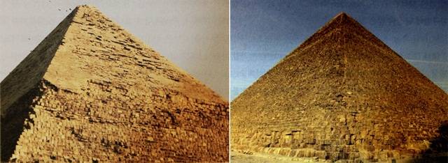 카프레의 피라미드 상층부(왼쪽). 외벽은 1만5000개에 달하는 각 10톤 정도의 석회암으로 만들어졌으며 패널 사이 간격은 0.2mm 이하로 칼날로 들어가지 않을 정도로 정교하다. 오른쪽은 쿠푸의 대피라미드. <사진=책 본문 중에서> 