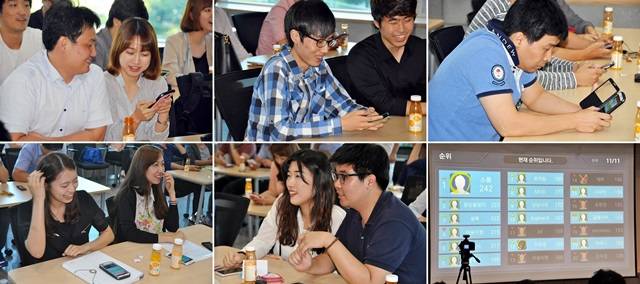 결선이 열린 대전창조경제혁신센터에서 참가자들이 스마트폰 앱으로 문제를 풀고 있다. 앱을 이용해 실시간으로 퀴즈 프로그램이 진행됐다. <사진=대전창조경제혁신센터 제공> 