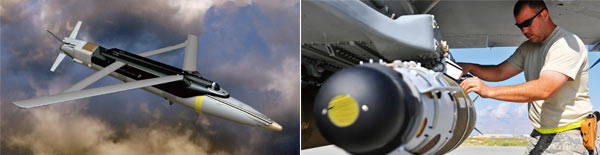 소형 정밀유도폭탄인 SDB-1(왼쪽). GBU-54를 비행기에 장착하는 장면. 