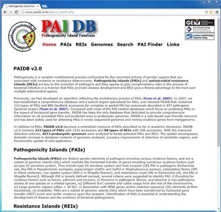 한국생명공학연구원은 병원성 유전자 부위·항생제 내성 유전자 부위의 빠른 검색이 가능한 PAIDB 2.0을 개발했다. PAIDB 2.0 접속 초기 화면. 
