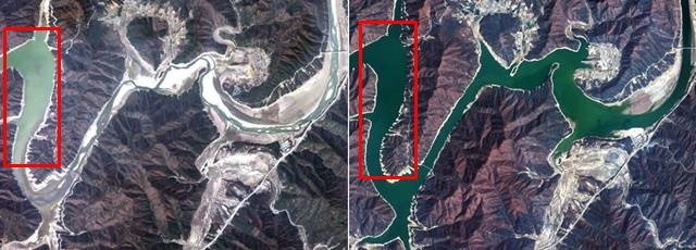 '15년 3월 22일 다목적실용위성 3호가 촬영한 소양강.(좌), '12.4.20일 촬영한 소양강의 모습.(우).<사진=한국항공우주연구원 제공> 