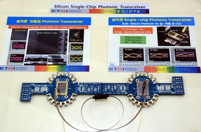 ETRI에서 제작된 벌크 실리콘 단일칩 광송수신기 프로토 타입 모습.<사진=ETRI 제공> 