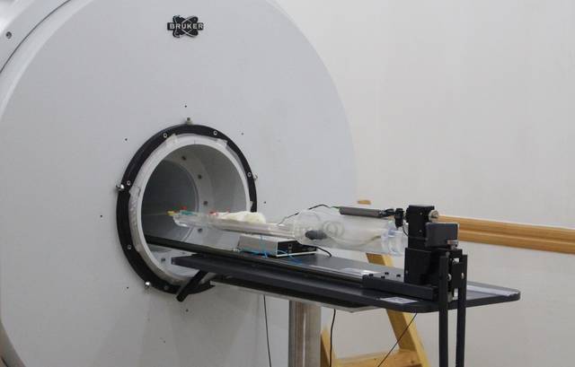 마취된 실험용 쥐가 4.7T 동물용 MRI 기계에 들어가고 있다. 이곳도 다른 기관으로부터 밀려들어오는 분석 의뢰때문에 매일 연구 일정은 빈틈이 없어 보였다. 하루에 한 건 정도의 의뢰를 처리하는데 한 번에 5-6마리의 실험용 쥐를 분석해야하기 때문에 하루를 온통 쏟아 부어야 한다고. 때문에 이 박사는 정작 자신들의 연구는 주말이나 퇴근 후 저녁으로 미룰 수 밖에 없다고 했다.<사진=박성민 기자> 