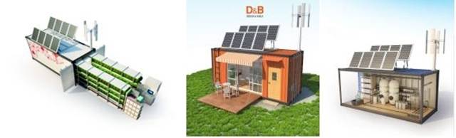 신재생에너지를 활용한 컨테이너 식물공장, 독립형 태양광컨테이너하우스, 신재생에너지를 활용한 정수 시스템.<자료=연구개발특구진흥재단 제공> 
