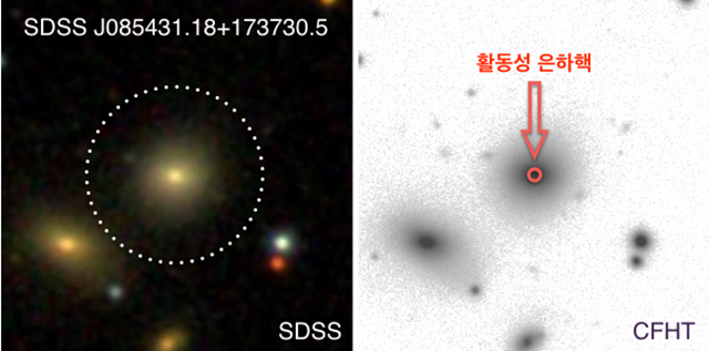 미니타원은하(SDSS J085431.18+173730.5)의 중심에서 강한 에너지를 방출하는 활동성 은하핵이 발견됐다.<사진=한국천문연구원 제공>