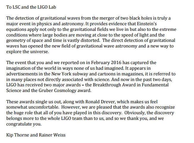 킵손과 라이너 와이스 교수가 중력파 연구진들에게 보낸 서신 일부 발췌.<자료=한국중력파연구협력단 제공>