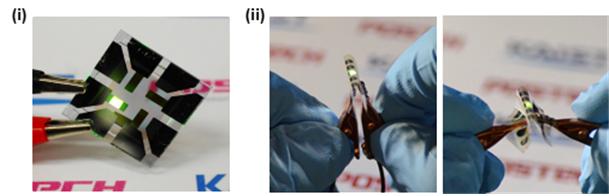 연구팀이 개발한 그래핀 복합 전극층 기반 OLED의 동작사진. (i)평면 고효율 OLED(외부양자 효율 40.8%), (ii) 플렉서블 OLED(곡률반경 2.3 mm 1000회 안정동작). <사진=연구팀 제공> 