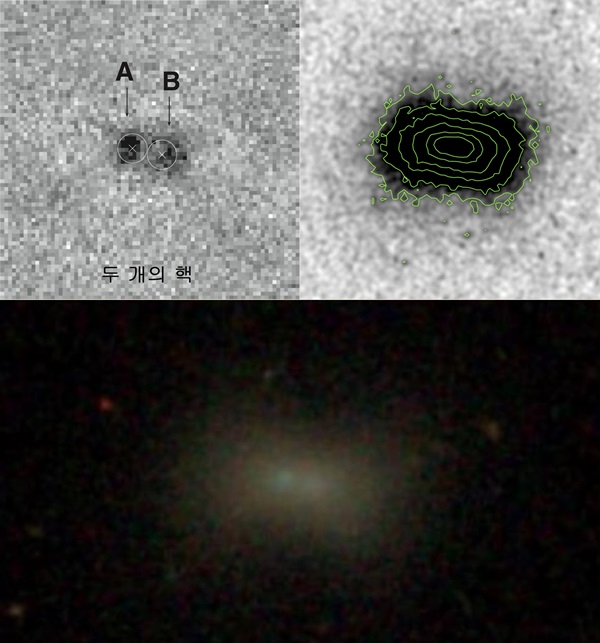 국내연구진이 왜소은하인 U141에서 두개의 핵, 상자 모양의 빛 분포, 푸른 중심부 등 거대은하에서 볼수 있는 은하 병합의 특징을 발견했다.<사진=한국천문연구원 제공>