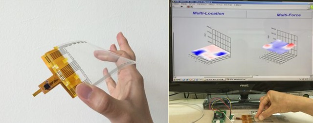 사진 왼쪽 멀티터치와 멀티힘 인식용 플렉시블 3D 터치센서 모습, 오른쪽은 플렉시블 3D 터치센서 시연 모습 : 두 손가락 터치의 경우 터치 위치를 나타내는 모습(왼쪽사진), 터치힘을 나타내는 모습(오른쪽 사진)<사진=한국표준과학연구원 제공>