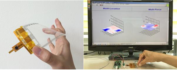멀티터치와 멀티힘 인식용 플렉시블 3D 터치센서 모습(왼쪽), 플렉시블 3D 터치센서 시연 모습(오른쪽)<사진=표준연 제공>
