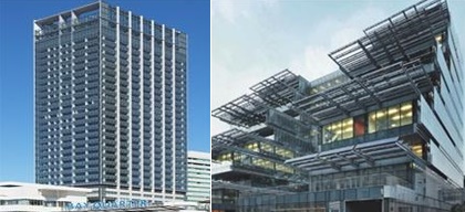 기존 태양광 빌딩. 일본 요코하마 다이아 빌딩(왼쪽)과 중국 칭화대 태양전지 빌딩.