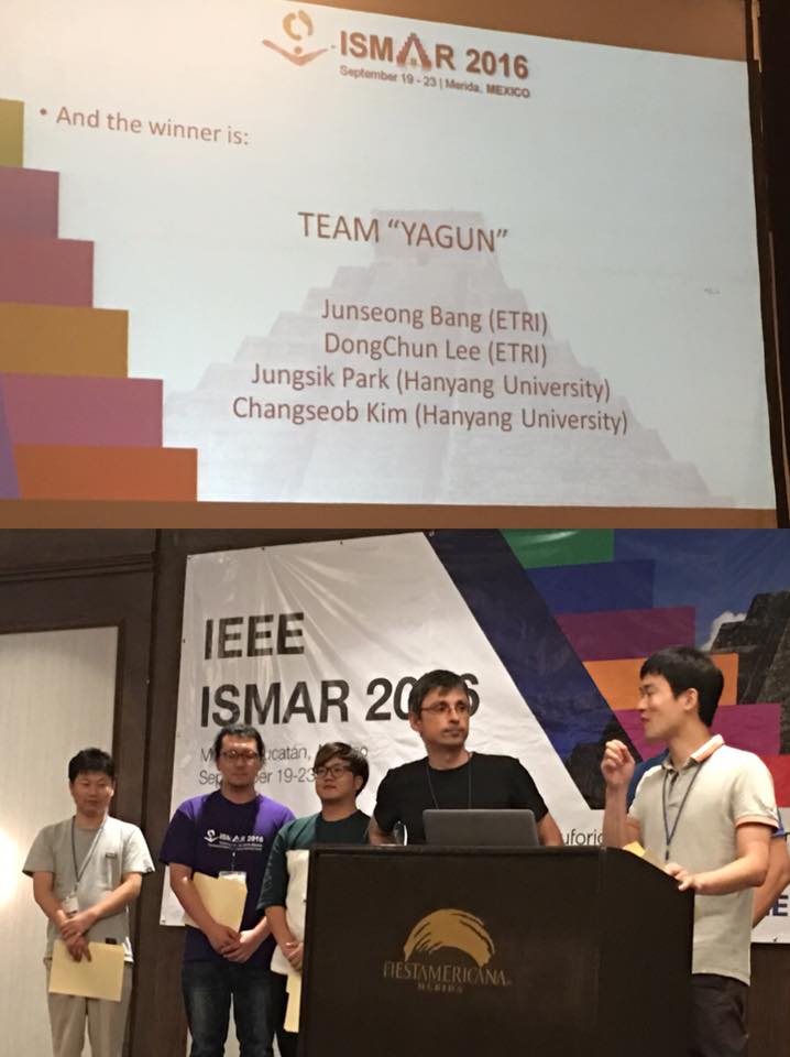 IEEE 증강현실 국제심포지엄 2016 대회에서 방준성 선임연구원이 우승 소감을 발표하고 있다.<사진=ETRI 제공>