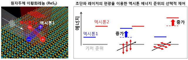 원자두께 ReS2 및 실험 모식도(왼쪽)와 초단파 레이저의 편광을 이용한 엑시톤 에너지 준위의 선택적 제어(오른쪽).<자료=한국연구재단 제공>