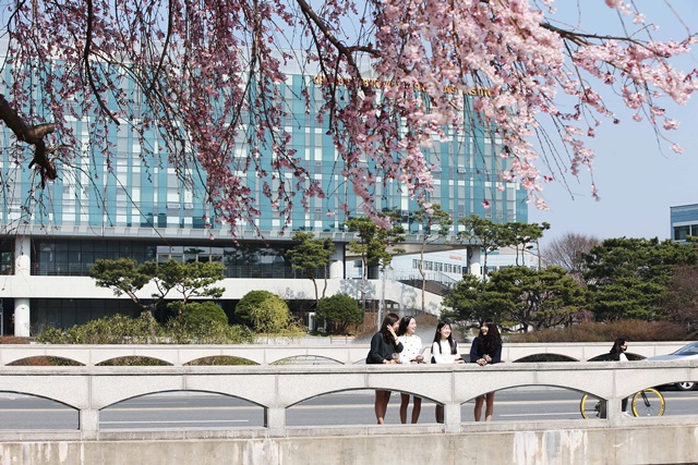 KAIST KI 빌딩앞. 힘차게 솟는 분수와 활짝핀 봄꽃, 학생들의 미소가 싱그럽다.<사진=KAIST 제공>