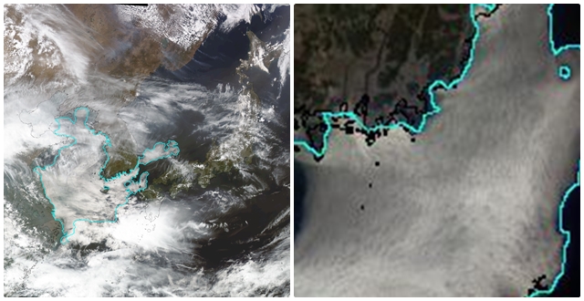 지난 16일 16시 육지(Landsat 8 촬영)와 해무분포(천리안 해양관측위성 촬영)의 합성 사진. 광안대교를 기준으로 동쪽에만 해무가 존재한다.(빨간 삼각형: 마린시티, 빨간 원: 이기대)<사진=한국해양과학기술원 제공>
