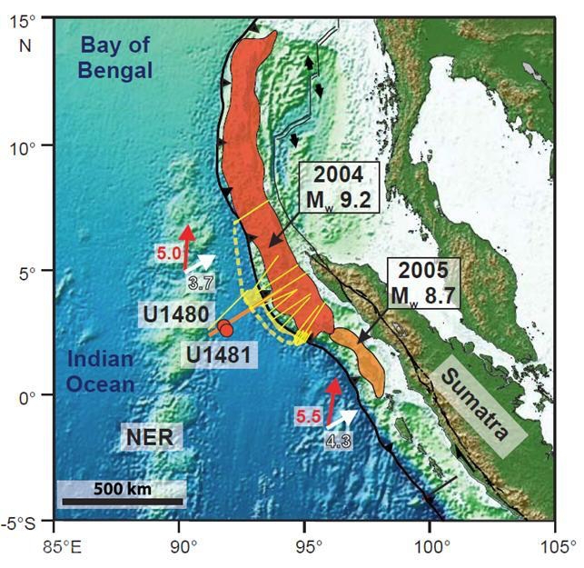 수마트라지진과 'IODP Expedition 362' 시추위치(U1480 및 U1481)를 나타내는 지도. 붉은색 화살표는 이동벡터. 흰색 화살표는 forearc의 이동에 따른 상대속도.<사진=한국지질자원연 제공>