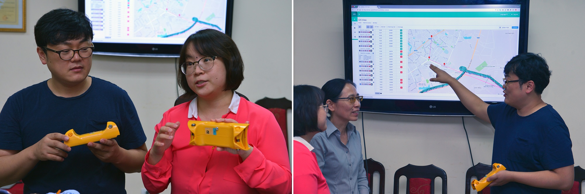 장기원 선임연구원과 개발업체 담당자가 베트남 규제기관 관계자에게 시스템에 대해 설명하고 있다. <사진=IAEA 제공>
