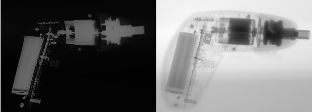 동일한 드릴을 엑스선으로 촬영한 이미지(왼쪽)와 핵융합연의 고속중성자 기술을 통해 촬영한 이미지(오른쪽)의 비교 모습.<사진=국가핵융합연구소 제공>
