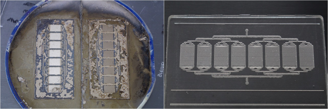 랩온어칩을 찍어내는 미세형상 사출 '스탬퍼(좌측)'와 랩온어칩(우측). 대량생산이 가능하다는 점이 네오나노텍이 개발한 랩온어칩의 가장 큰 장점이다.<사진=허경륜 기자> 