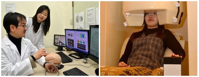 김기웅 책임연구원 연구팀이 순수 온도 자극에 대한 뇌자도 측정결과를 분석하고 있다.(왼쪽) 뇌자도 측정장치로 순수 온도 자극에 대한 뇌의 반응을 측정하고 있다.(오른쪽) <사진=한국표준과학연구원 제공>