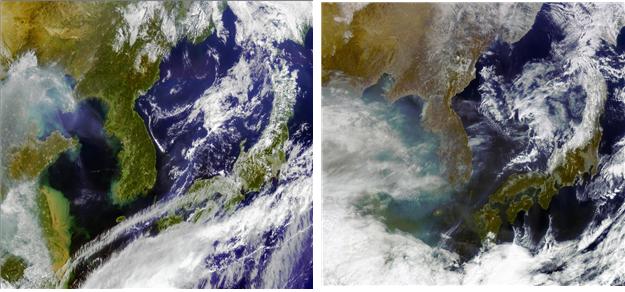 천리안 위성 1호가 촬영영상. 왼쪽은 2017년 9월 한반도 해상 촬영영상. 오른쪽은 2018년 2월 한반도 해상 촬영영상.<사진=과학기술정보통신부 제공>
