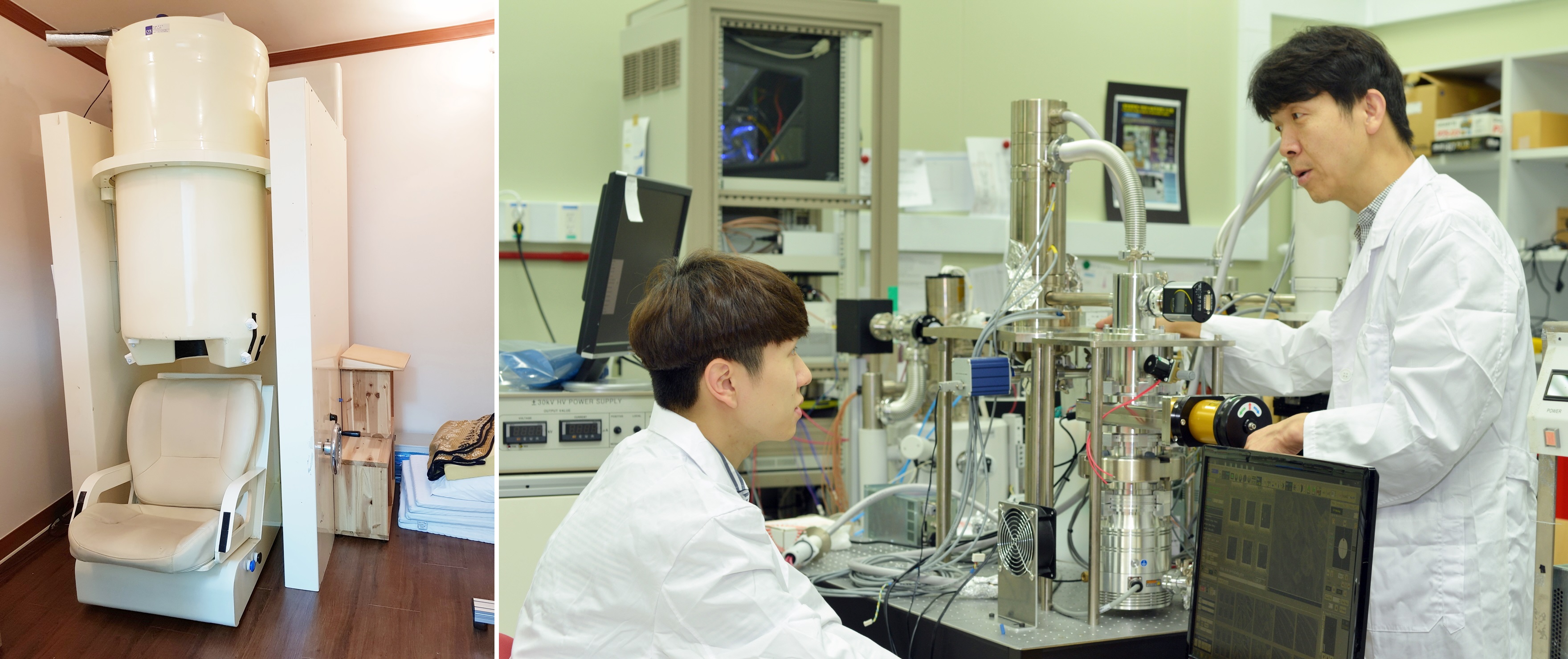 (왼쪽부터)극저자장연구팀이 개발한 '뇌자도‘ 측정장비와 광전자융합장비팀이 개발한 광전자 융복합현미경. 사진=표준연 제공