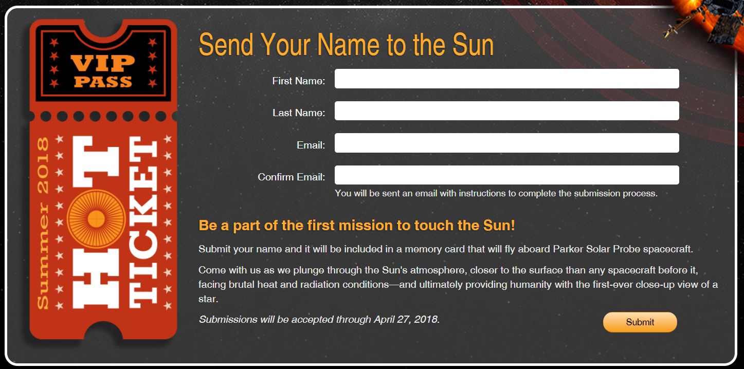 NASA는 신청자로부터 접수 받은 이름을 담은 메모리카드를 파커 솔라 탐사선에 실어 태양으로 보낸다. 신청접수 페이지의 모습.<사진=NASA 캡처>