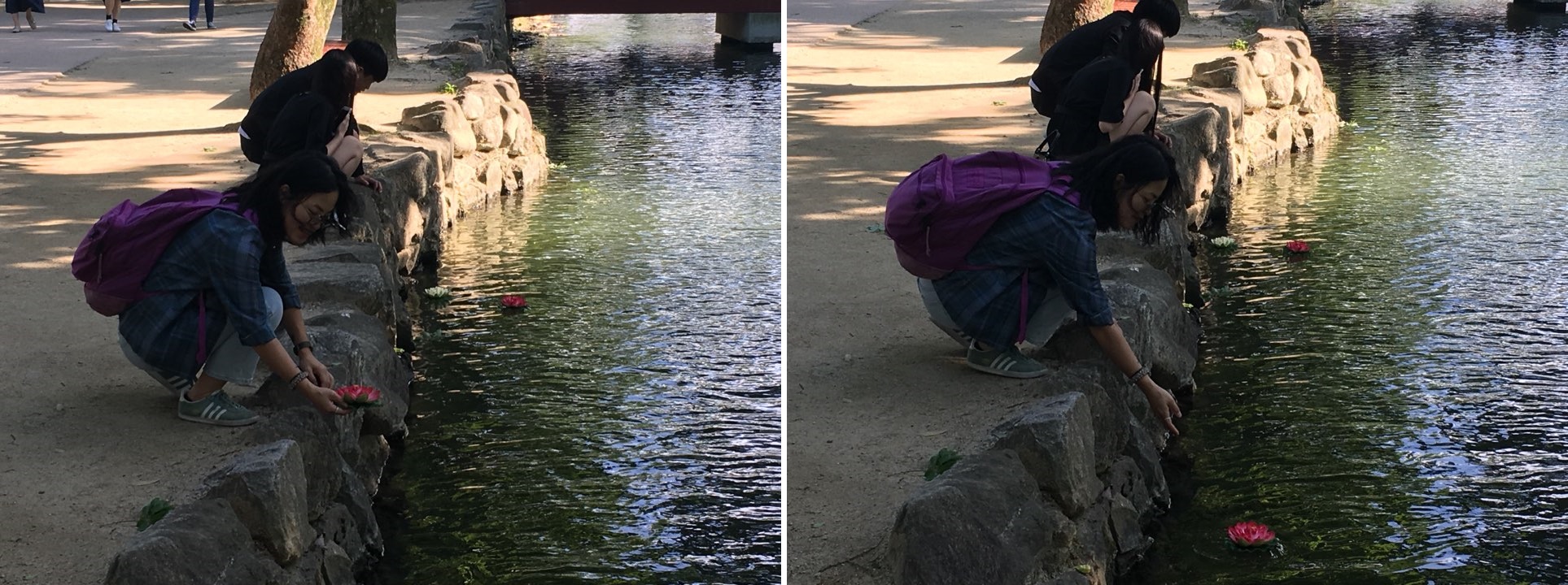 딸은 소원을 적은 꽃을 연못에 띄우고, 아빠는 그런 딸의 모습을 카메라에 담았습니다.