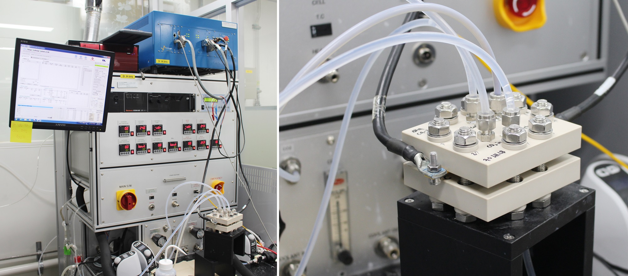 (왼쪽)이산화탄소 전환 연구에 사용하는 장치. 위에 있는 파란색 장치가 전기를 공급하고 반응기(오른쪽)에 이산화탄소를 주입하면 반응을 거쳐 일산화탄소가 생성되어 나온다. 일산화탄소가 얼마나 생성됐는지 분석할 수 있다. 가운데 장치는 온도, 전류, 전압 등을 조절한다. <사진=한효정 기자>