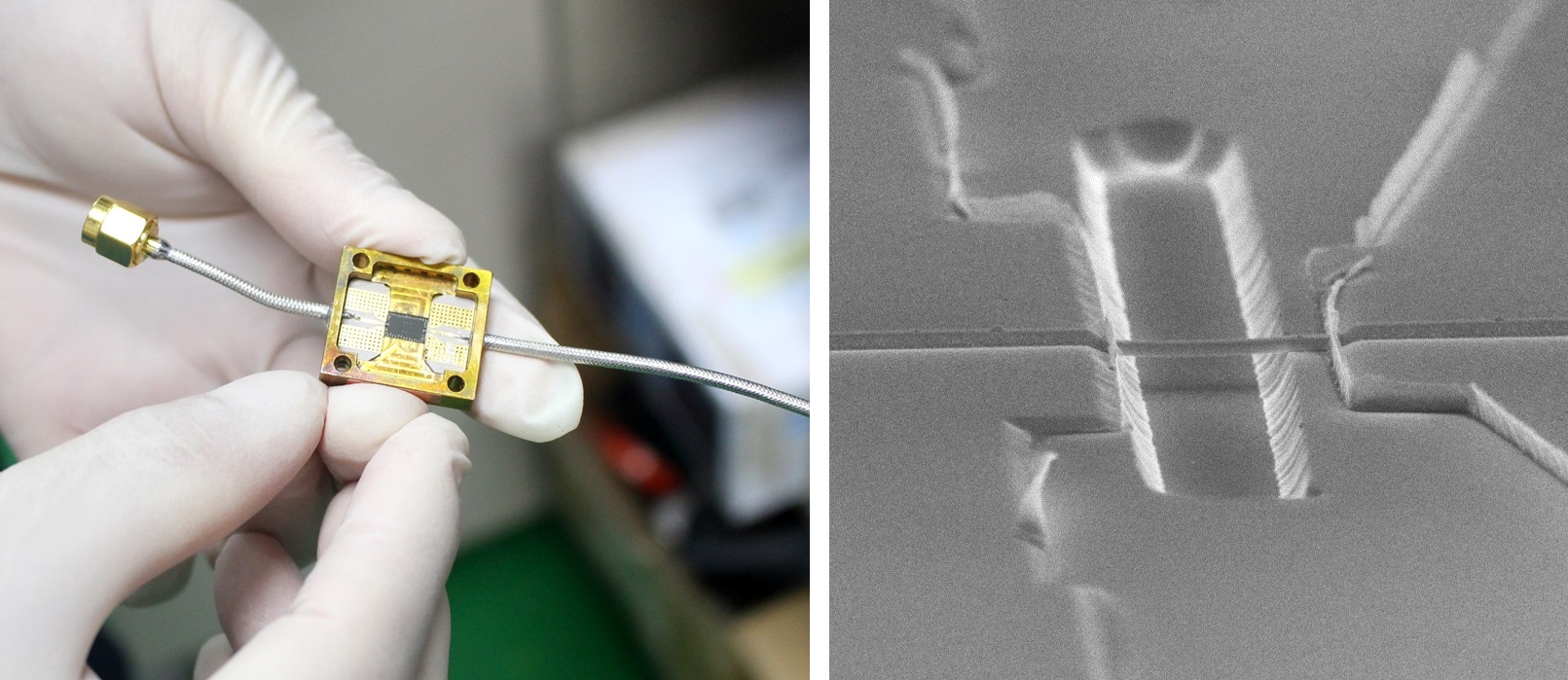 왼쪽은 서준호 박사가 최근 실험에 사용한 나노역학 소자다. 소자의 칩 가운데(검정부분)를 전자현미경으로 관찰한 구조는 오른쪽과 같다. <사진=서준호 박사 제공>