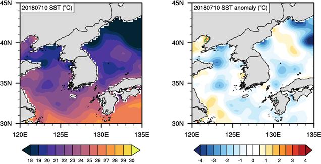 (좌)2018년 7월 10일 NOAA 위성 합성 자료의 해수면 온도 분포(칼라바), (우)30년 평균 대비 해당일 온도 변동 분포(칼러바).<사진=한국해양과학기술원 제공>