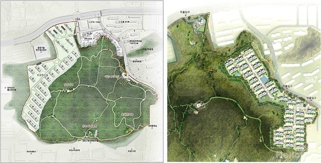 매봉공원 개발 당초안(오른쪽)과 변경안(왼쪽).<사진=대덕넷 자료>