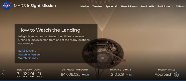 인사이트호 미션 홈페이지 하단에 착륙까지 남은 날짜, 지구와의 거리를 실시간으로 확인할 수 있다.<사진=NASA 제공> 