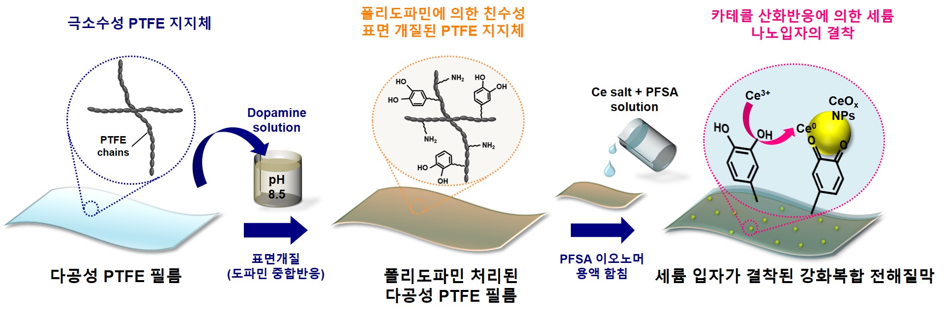 연구팀은 강화복합 고분자 전해질막에 표면 처리한 폴리도파민에 극소수성의 PTFE 표면을 친수성을 개질시켜 친수성 중합체를 쉽게 스며들게 하고, 고분자의 경계면에서 발생하던 균열을 줄였다. <사진=KIST 제공>