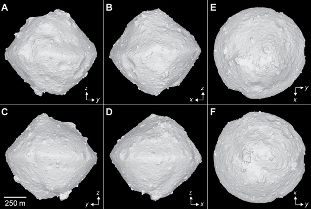 일본 무인탐사선 하야부사가 소행성 류구에서 물 성분을 포함한 암석이 있다는 것을 밝혀냈다. 지구의 생명의 기원을 탐구하는데 도움을 줄 것으로 기대된다. 사진은 류구의 형상 모델이다.<사진=JAXA 홈페이지>