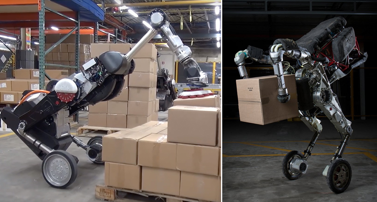 미국의 로봇 전문 기업 '보스턴 다이나믹스'가 새로운 물류 운반 로봇을 공개했다. 왼쪽은 최근 공개된 '핸들', 오른쪽은 2년 전에 개발된 '핸들'. 무게는 그대로 유지됐으며 민첩성과 정밀성이 향상됐다. <사진=Boston Dynamics 유튜브 갈무리>