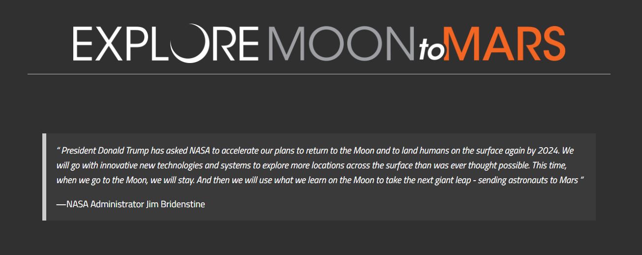 NASA는 달을 전초기지 삼아 화성으로 보내는 야망을 품고 있다. 짐 브라이든스틴 NASA 국장은 2024년 단순히 달에 가는 것을 넘어 달에 머무르기 위해 갈 것이라며 달에서 배운 것들을 활용해 우주비행사를 화성으로 보내겠다고 밝히기도 했다. <사진=NASA>