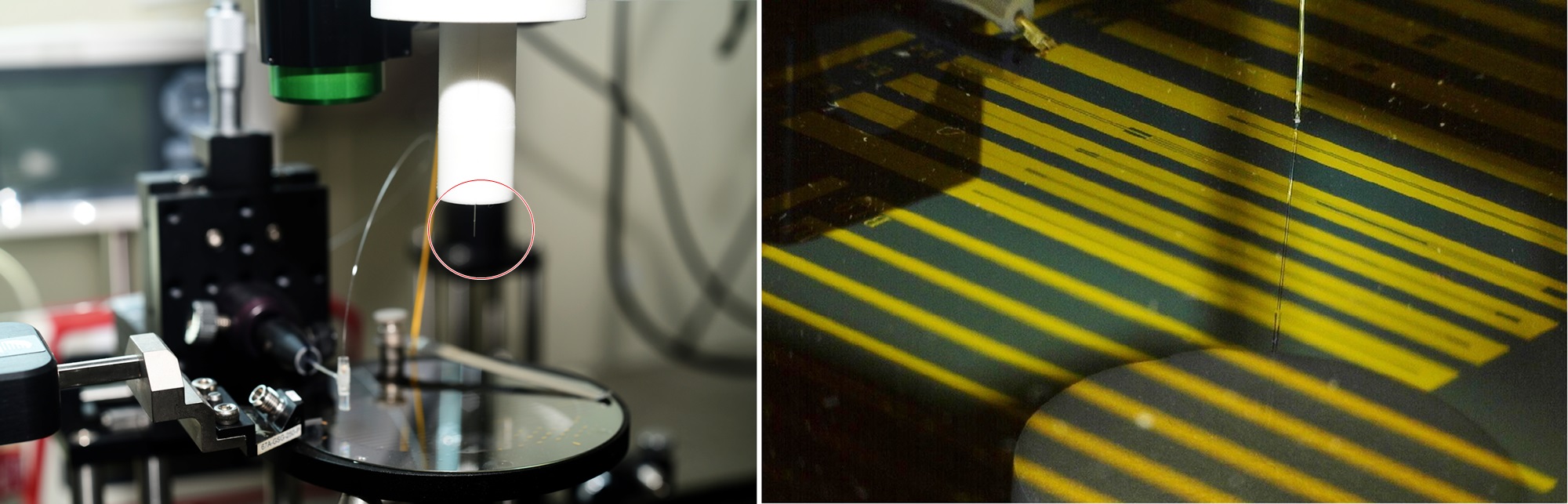 연구팀이 개발한 광섬유 기반 초소형 센서. (왼쪽)빨간색 원 안에 매우 가느다란 센서가 있다. (오른쪽)해당 센서로 6㎛ 초미세선로를 측정하는 모습. <사진=표준연 제공> 