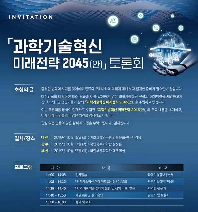과학기술정보통신부와 STEPI, KAIST, 한국과학기술단체총연합회는 대전과 광주, 부산에서 '과학기술혁신 미래전략 2045' 토론회를 가질 예정이다.<이미지= STEPI>