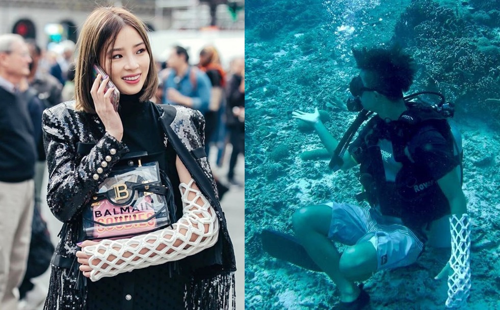 오픈캐스트를 착용하고 패션쇼에 참가한 모델 아이린(왼쪽)과 휴가지에서 수영을 하는 사용자의 모습. <사진 출처=아이린 인스타그램, 오픈엠 홈페이지>