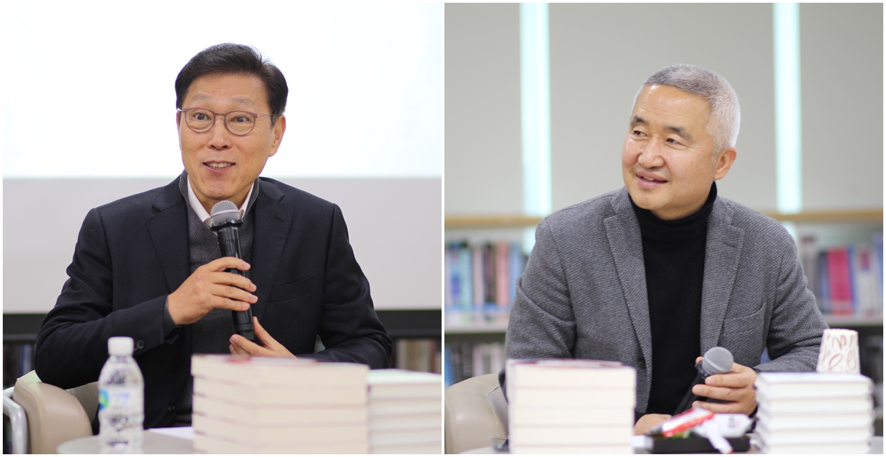 김태유 교수(좌)와 최진석 교수(우)가 참석자들과 일문일답을 나누고 있는 모습. <사진=김인한 기자>